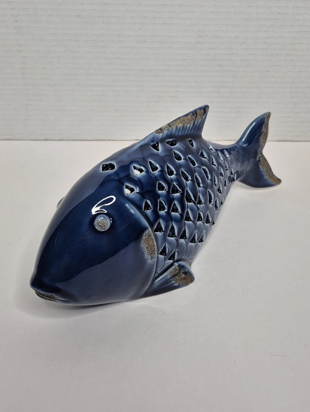 Pier 1 Vintage Cobalt Blue Ceramic Large Fish Tealight Candleholder NWT Rare